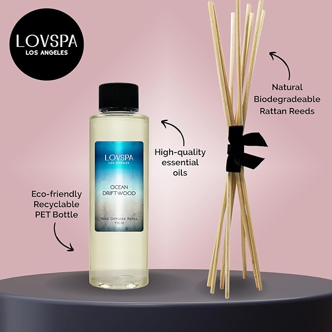 LOVSPA Ocean Driftwood Diffuser Oil - Luxury Essential Oils for Diffuser Refill & Air Freshener Room Spray - Long-Lasting & Natural Home Fragrance, Scented Oil for Diffusers, USA Made, 4oz