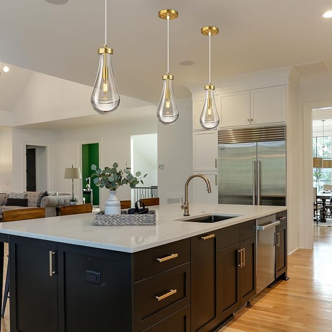 Raindrop Pendant Lights Kitchen Island Teardrop Gold Hanging Light Fixtures Clear Solid Glass Pendant Light Modern Chandeliers for Dining Room Porch Corridor Living Room…