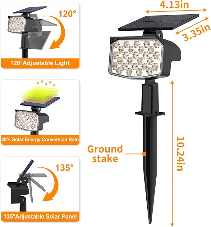 WELALO Solar Spot Lights Outdoor, [2 Pack/3 Modes] Solar Landscape Spotlights, Adjustable Solar Powered Security Lights, IP65 Waterproof Wall Lights for Walkway, Yard, Garden, Driveway (Warm White)