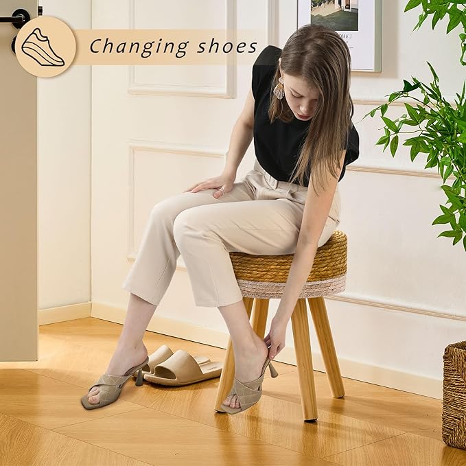 Handwoven Outdoor Ottoman, Water Hyacinth Pouf Round Patio Footstool with Wood Legs, 17-Inch Multipurpose Vanity Stool, Dining Chair, Patio Footrest for Balcony and Garden, White