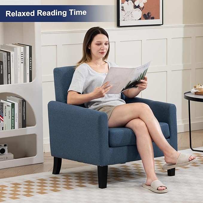 Accent Chair, Mid Century Modern Living Room Chairs Comfy Reading Chair with Upholstered Cushion Relax Armchair for Bedroom Apartment,Office,Blue