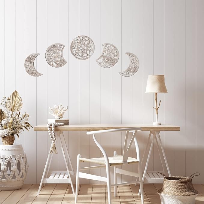 Jetec 5 Pcs Moon Phase Wall Art Decor Wall Pediments Hanging Wooden Moon Phase Spiritual Bedroom Nordic Boho Lunar Aesthetic Art for Living Room Dorm Apartment Bar Ornament(Vintage Color,10.6 Inch)