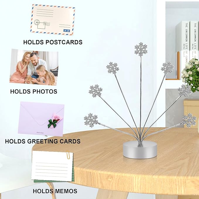 7-Branch Family Desktop Photo Tree Holder Clip Round Base, Card Picture and Memo Desk Frame Display Stand for Wedding Party Christmas Photo Clip Holder Table Numbers (Snowflake)