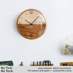 Driini Analog Dome Glass Wall Clock (12") - Pine Wood Frame with Two-Tone Wooden Face - Battery Operated with Silent Movement - Large Decorative Clocks for Classroom, Office, Living Room, or Bedrooms.