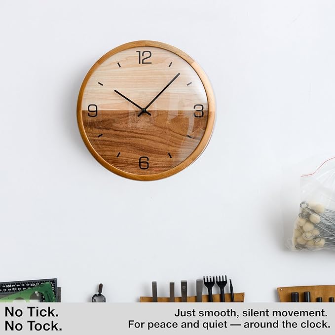 Driini Analog Dome Glass Wall Clock (12") - Pine Wood Frame with Two-Tone Wooden Face - Battery Operated with Silent Movement - Large Decorative Clocks for Classroom, Office, Living Room, or Bedrooms.