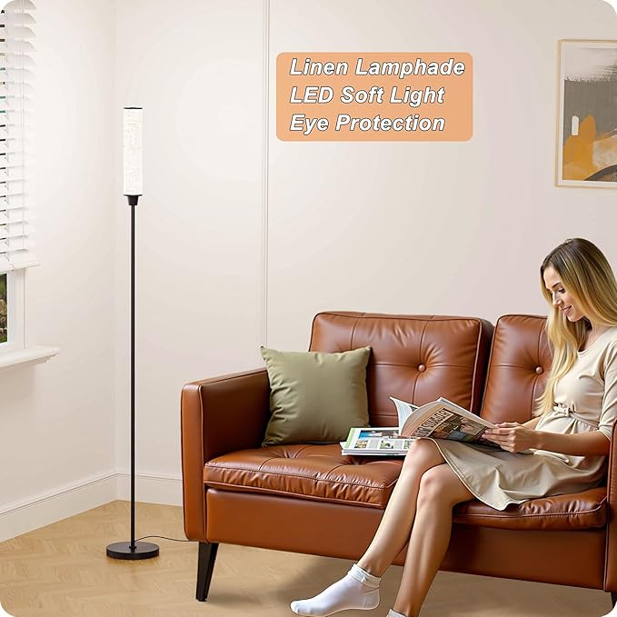 Floor Lamp with Remote Control, Floor Lamps for Living Room/Bedroom/Office, Stepless Adjustable 3000K-6000K Colors and 10-100% Brightness,Standing Light with Foot Switch (Black+Beige Linen)