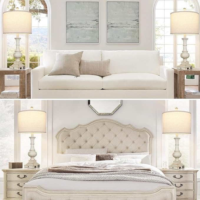 26" Farmhouse Table Lamps, Table Lamps for Living Room Set of 2 with USB A+C Ports & AC Outlet, Vintage Rustic Touch Control 3-Way Dimmable Boho Nightstand Lamp White Washed Resin for Bedroom Deocr