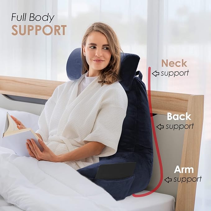 Nestl Reading Pillow Large Bed Pillow, Back Pillow for Sitting in Bed Shredded Memory Foam Chair Pillow, Reading & Bed Rest Pillows Navy Blue Back Pillow for Bed, Bed Chair Arm Pillow with Pockets