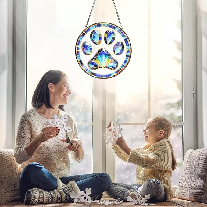 Paw Print Suncatcher Stained Glass Window Hanging - 8” Paw Print Stained Glass Suncatchers for Windows - Sun Catchers Indoor Window Catcher with Hooks and Chain - Dog Memorial Gifts for Mom Grandma