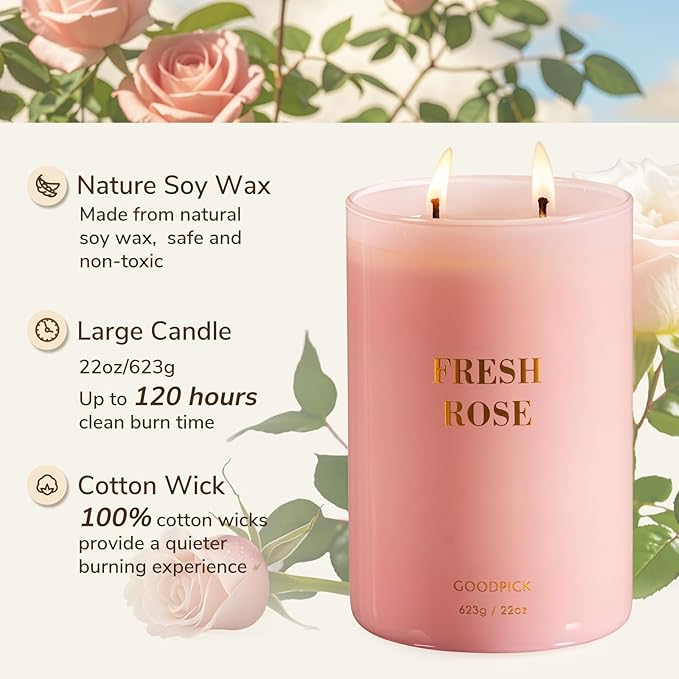 Goodpick Fresh Rose Candles for Women, Pink Candle, Soy Wax 22oz Large 120 Hours Burning, Aromatherapy Candles