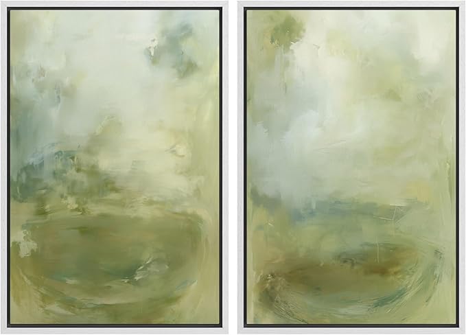 SIGNFORD Framed Canvas Print Wall Art Set Soft Green Abstract Contemporary Neutral Landscape Illustration Modern Art Decorative Nordic Nature for Living Room, Bedroom, Office - 24"x36"x2 White