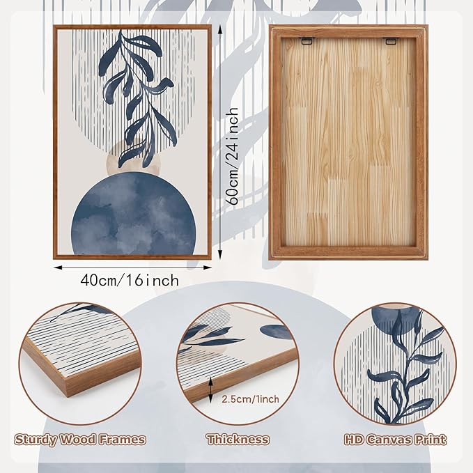 KAIRNE Boho Plant Wall Art Set of 3,Blue Bohemain Framed Canvas,Abstract Geometric Line Wall Painting,Modern Nature Prints,Botanical and Moon Wall Art for Living Room Bedroom Office - 3Pieces,16”X24”