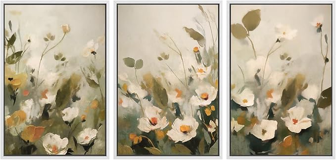 SIGNWIN Framed Canvas Print Wall Art Botanical Floral White Blossoms and Greenery Photography Modern Art Minimalist Black and White for Living Room, Bedroom, Office - 24"x36"x3 White