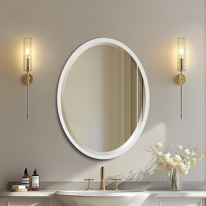 OVALCREST - Oval Wooden Beveled Wall Mirror for Home Decor, Bathroom, Vanity, Bedroom, Living Room, Hallway - London Style (Linen White) 23.1 x 29.1
