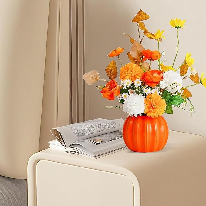 Artificial Flowers, Fake Flowers in Vase, Silk Flowers with Ceramic Vase, Faux Flowers Arrangement for Homes, Restaurants Decoration Dining Table Centerpiece Decor (Orange)