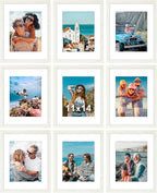 Vittanly 11x14 Picture Frames Set of 9, Shatter Resistant Plexiglass, Display 8x10 Pictures with Mat or 11x14 without Mat, Photo Frames for Wall or Tabletop, Engineered Wood, Whitemist