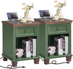 Farmhouse Side Table Set of 2 with Charging Station, Rustic Wood End Table with Drawer, Small Nightstands with Open Shelf for Bedroom, End Tables for Living Room, Green
