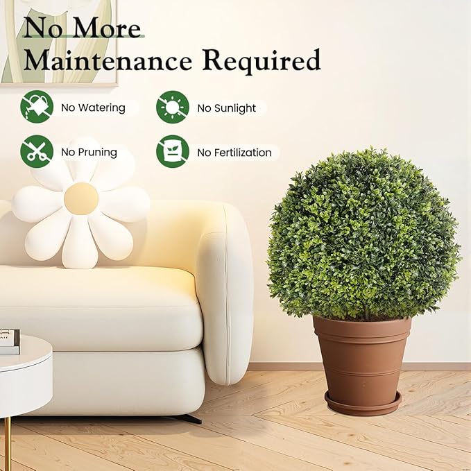 Lewondr Artificial Boxwood Topiary Ball Trees, 22.83'' Fake Plants Outdoor with Ground Spike, Set of 2 UV and Fade Resistant Faux Greenery Shrubs for Outdoor Indoor Front Porch Garden, Green