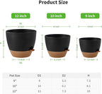 FaithLand 3-Pack Large Planter Pots, 12 10 9 Inch Self Watering Flower Pots for Indoor Outdoor Garden Plants, Black with Brown