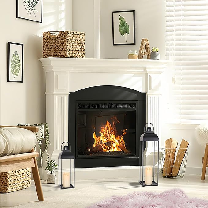 25'' 19'' Lanterns Decorative Outdoor Indoor, Black Metal Outdoor Candle Lanterns, Set of 2 Modern Farmhouse Decorative Lantern for Fireplace, Patio, Porch, Floor, Halloween Lantern (No Glass)