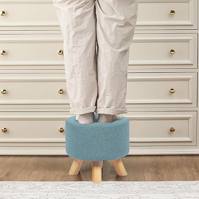 Asense Small Round Ottoman Foot Rest Stool Fabric Padded Seat Footstool Ottoman with Anti-Slip Wooden Legs (Light Blue,Fabric)