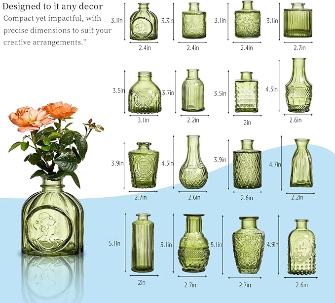 Glass Bud Vases Set of 64 - Green Assorted Small Mini Glass Vases for Flowers, Crystal Vintage Vase Set, Bulk Centerpieces for Table Décor, Wedding, Home and Events (Green, 64 Pcs)