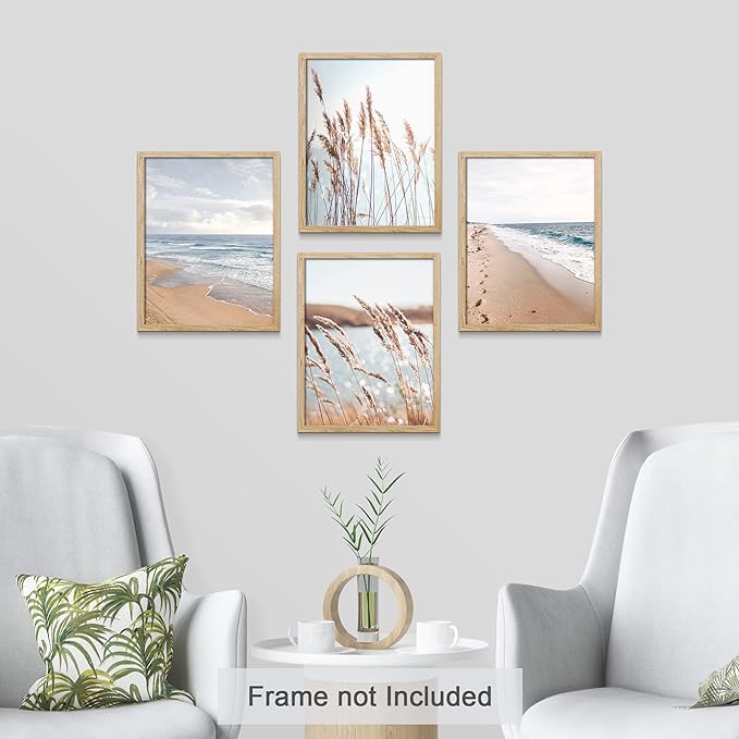 SIGNWIN Poster Bathroom Decor 8"x10"x 4, Wall Art Room Decor Multicolor for Living Room, Bedroom, Office White Beach Grass Cloudy Ocean Sea Wave Horizon Nature Wilderness Realism Landscape