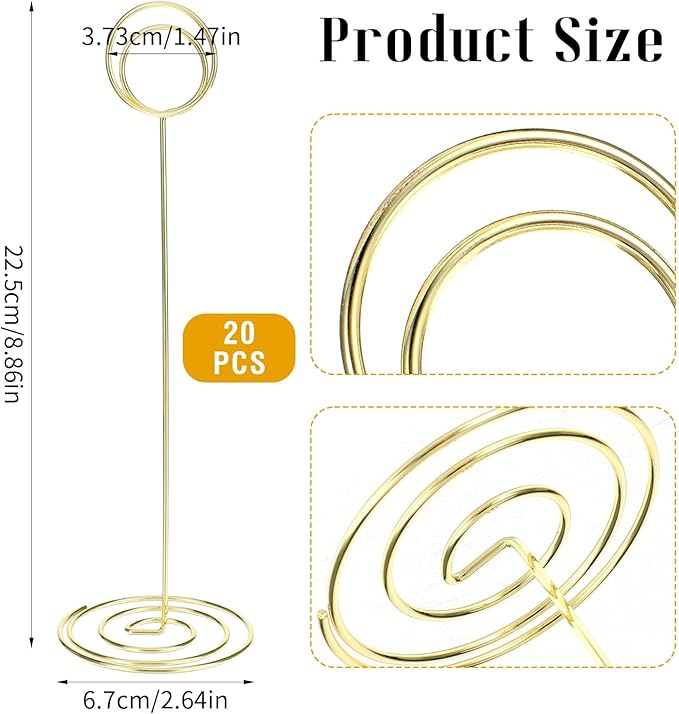 20 Pack 8.86 Inch Tall Table Number Holders Gold, Place Card Holder Gold Table Number Stands Wire Photo Holders Picture Name Menu Clips Memo Notes Cards Stand for Wedding Restaurants Birthday