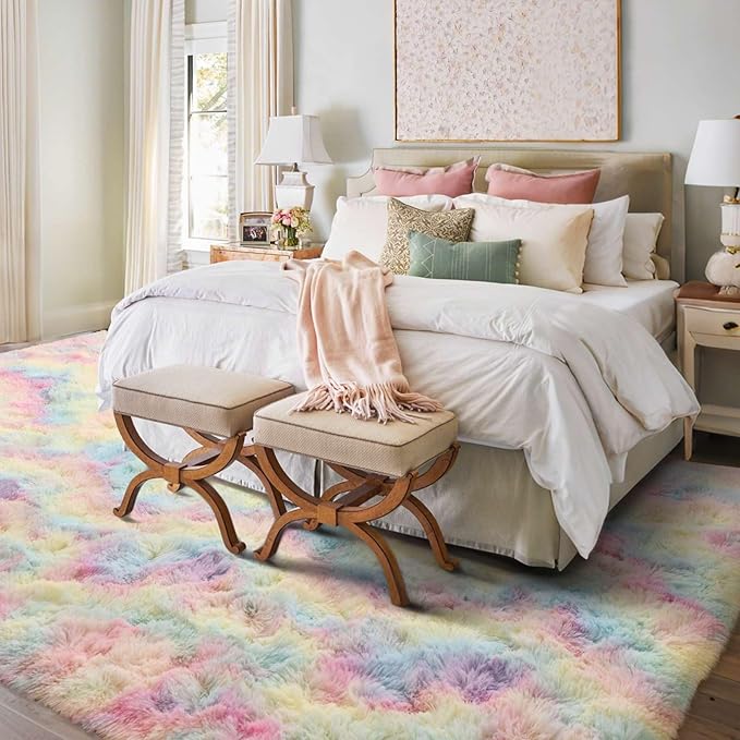 5x7 Ft Shag Kids Colorful Rugs for Bedroom, Ultra Soft Fluffy Furry Area Rugs for Nursery Living Room Indoor Floor, Aesthetic Carpet Home Decor (Rainbow)