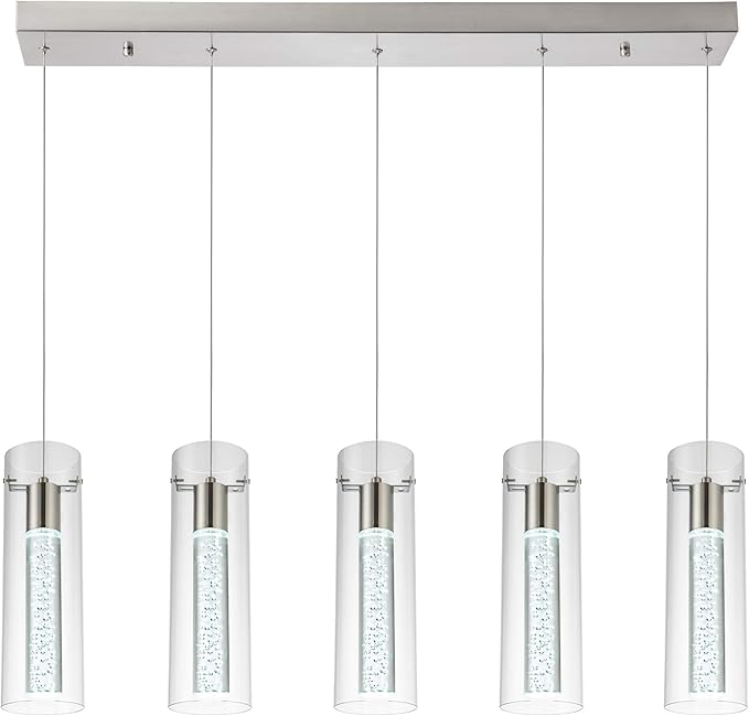 Modern Kitchen Lighting Pendant Fixtures 5-Light LED Pendant Ceiling Fixture Brushed Nickel Bubble Cylinder Pendant Light with Adjustable Length for Kitchen Island Dinning Room Bedroom
