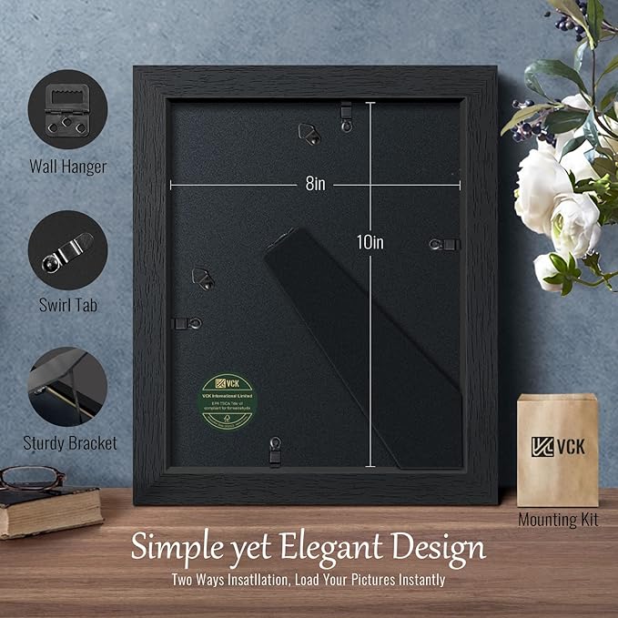 VCK 8x10 Picture Frame Set of 3 - Black, Textured Exclusive Solid Wood Picture Frames, Wall Hanging