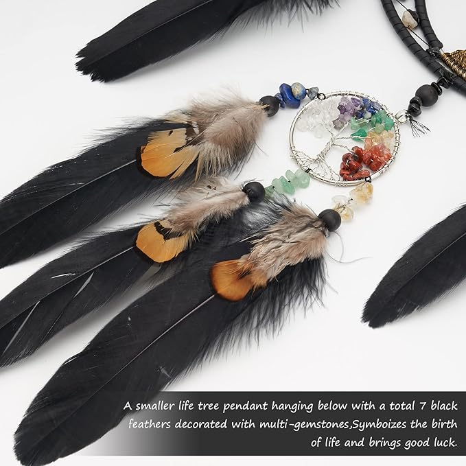 7 Chakras Dream Catchers Tree of Life Dream Catcher Black Feather Wall Decor with Rainbow Healing Crystal Stone Ornaments Wall Art Hanging for Bedroom Home Decor Blessing Gift Wedding Party -23.6"