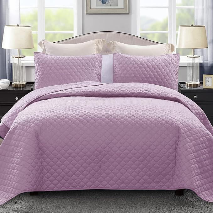 Exclusivo Mezcla Reversible King Size Quilt Bedding Set with Pillow Shams, Lightweight Quilts King Size, Soft Bedspreads Bed Coverlets for All Seasons - (Lilac, 104"x96")
