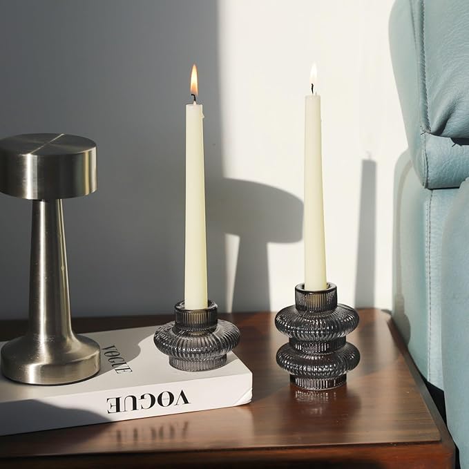 VOHO Smoky Grey Taper Candle Holders Set of 6, Classic Ribbed Candle Sticks Holder Decor for Table Centerpiece at Daily/Birthday/Party, Double Sided Candle Holder for Candlesticks & Tea Lights Candles