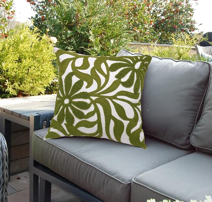 Alysheer Farmhouse Floral Leaves Embroidered Decorative Throw Pillow Cover 18x18 inches, Boho Tufted Flowers Embroidery Pattern Chic Cotton Cushion Case for Couch Bed Sofa Living Room(Olive Green)