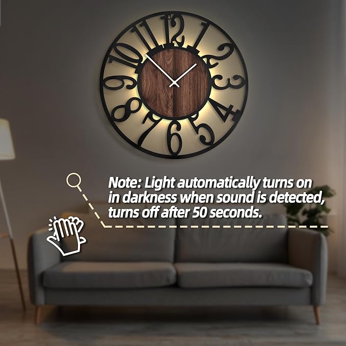 LEIKE Large Wall Clocks with Night Light Battery Operated,Silent Non Ticking,Rustic Modern Big Wood Clock for Living Room, Bedroom,Kitchen,Farmhouse,Office,Home Decor-32 Inch(Black-Arabic Number)