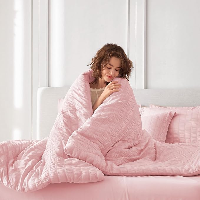 MUXHOMO 7 Pieces California King Comforter Set, Seersucker Bed in a Bag Cal King Size, All Season Luxury Bedding Set with Comforter, Flat Sheet, Fitted Sheet, Pillowcases & Shams, Pink