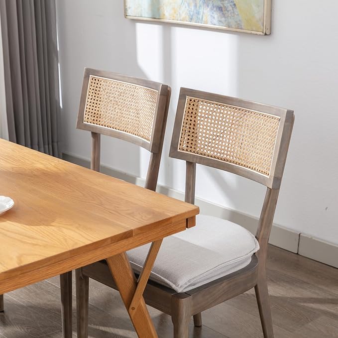 Rattan Dining Chairs Set Of 6 , Mid Century Modern Upholstered Cane Back Chairs with Removable Linen Cushion , Retro Farmhouse Natural Wooden Kitchen & Dining Room Chairs for Restaurant Living Room