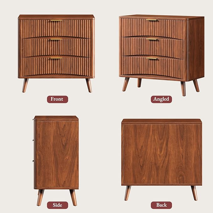 Evermagin 31.5W×29“H Large Fluted Nightstands Set of 2, Mid Century Modern 3 Drawer Night Stand Bedside Table, Small Wood Dresser for Bedroom, End Table with Storage, Walnut