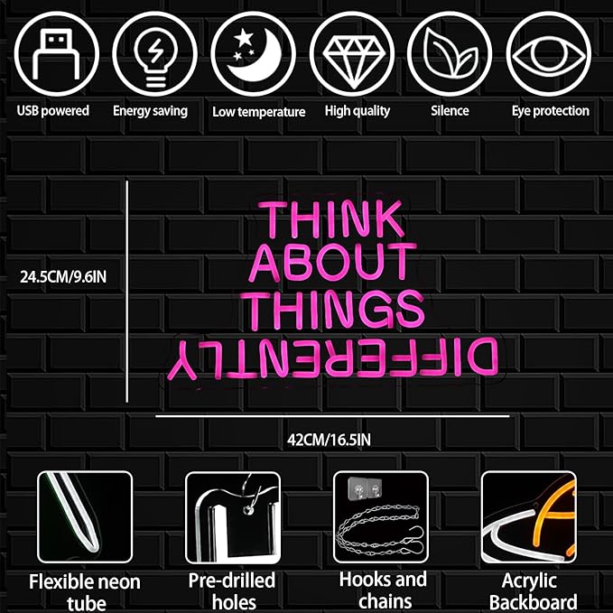 Think About Things Differently Neon Sign, Dimmable Office Neon Light, Pink Letter LED Light Up Sign for Classroom, Bedroom, Office, Study Room, Library Decoration