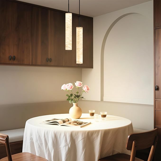 LMQNINE Natural Alabaster Pendant Lights for Kitchen Island White Marble Long Tube Chandelier Modern Black Ceiling Light Fixtures for Bedroom Dining Room Table Living Room Hallway(M-2Light)