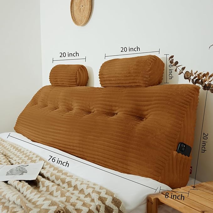 Headboard Wedge Pillow with 2 Pack Neck Roll Pillow Large Headboard Pillow Soft and Supportive Bed Rest Reading Pillows for Sitting in Bed with Removable Cover (Brown, King：76x8x20 Inches)