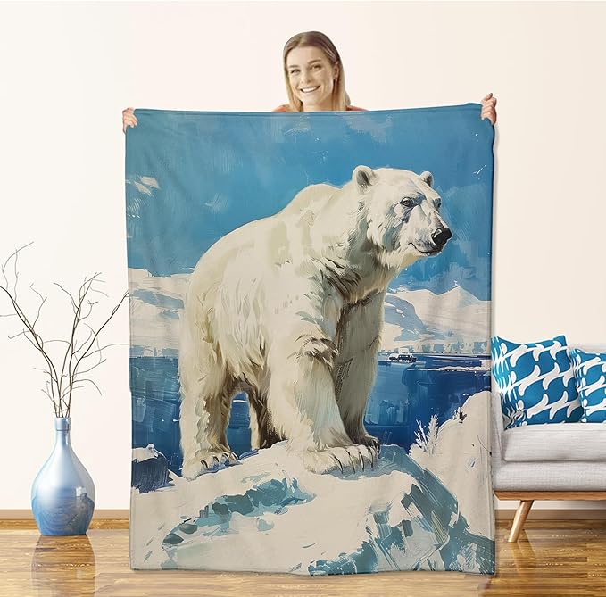 Realistic Polar Bear Blanket for Men Wildlife Lovers,Flannel Blankets Gifts,Arctic Animal with Iceberg and Snow Scene Throws for Sofa Couch Bedroom Soft Warm Nature Style Winter Decor 50"x40"