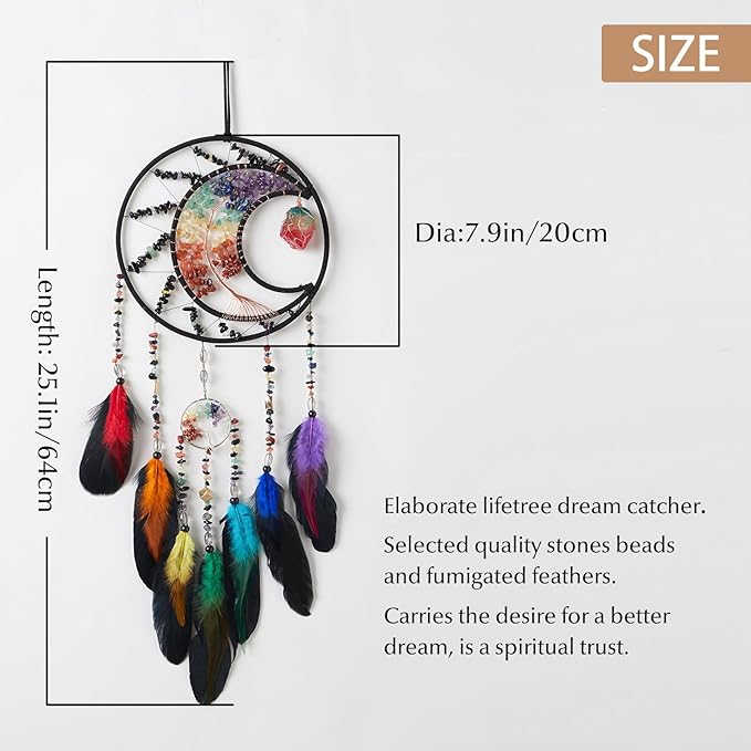 7 Chakras Black Dream Catchers Tree of Life Dream Catcher Rainbow Feather Dreamcatcher Wall Decor with Healing Crystal & Fluorite Wall Art Hanging for Bedroom Home Decor Bless Gift Wedding Garden