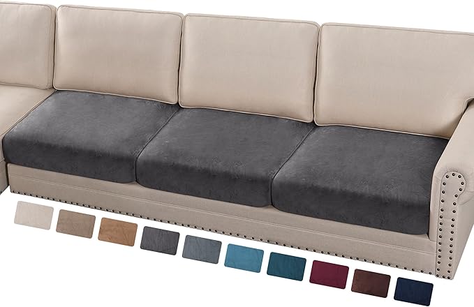PrinceDeco Velvet Stretch Couch Cushion Cover Extra Large Cushion Slipcover for Chair Loveseat Sofa Cushion Furniture Protector Seat Cushion Sofa Cover (3 Piece XL Sofa Cushion Covers, Grey)