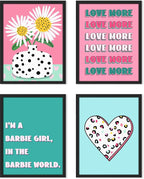 SIGNWIN Framed I'm a Barbie Girl in The Barbie World Wall Art, Set of 4 Heart, Chrysanthemum Illustration Wall Decor Prints, Preppy Room Decor Wall Décor for Living Room, Bedroom - 11"x14"Black