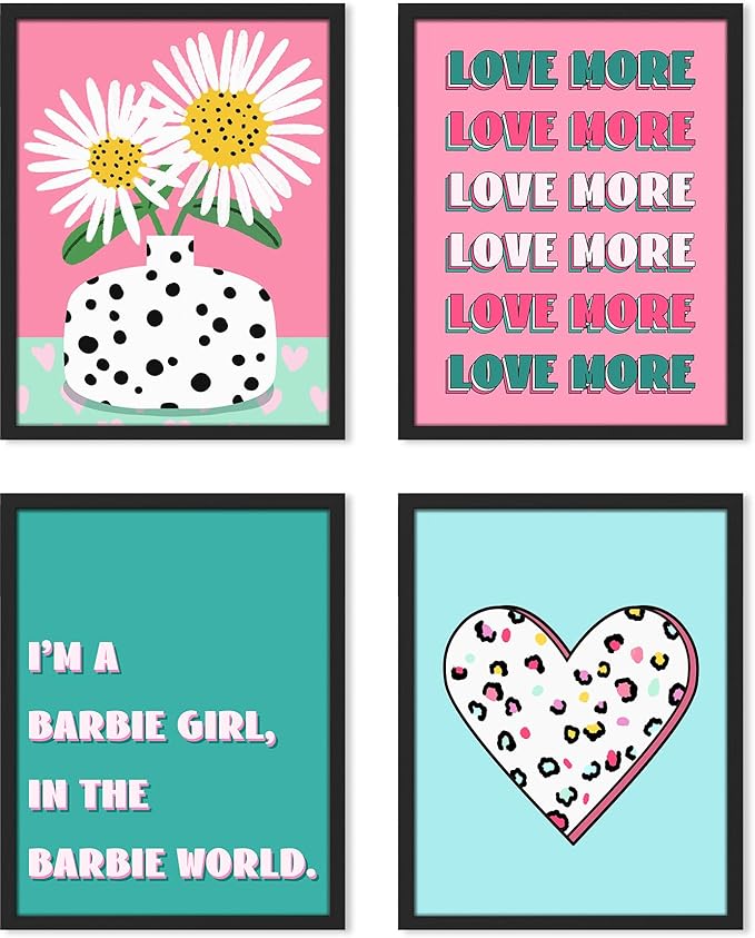 SIGNWIN Framed I'm a Barbie Girl in The Barbie World Wall Art, Set of 4 Heart, Chrysanthemum Illustration Wall Decor Prints, Preppy Room Decor Wall Décor for Living Room, Bedroom - 11"x14"Black