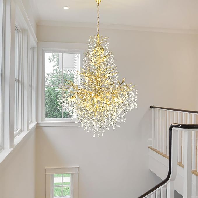 H65'' Gold Tree Branch Crystal High Ceilings Chandeliers, 27-Lights Modern K9 Crystal Staircase Chandeliers, D48'' Foyer Chandelier for High Ceiling, Luxury Large Living Room Chandelier