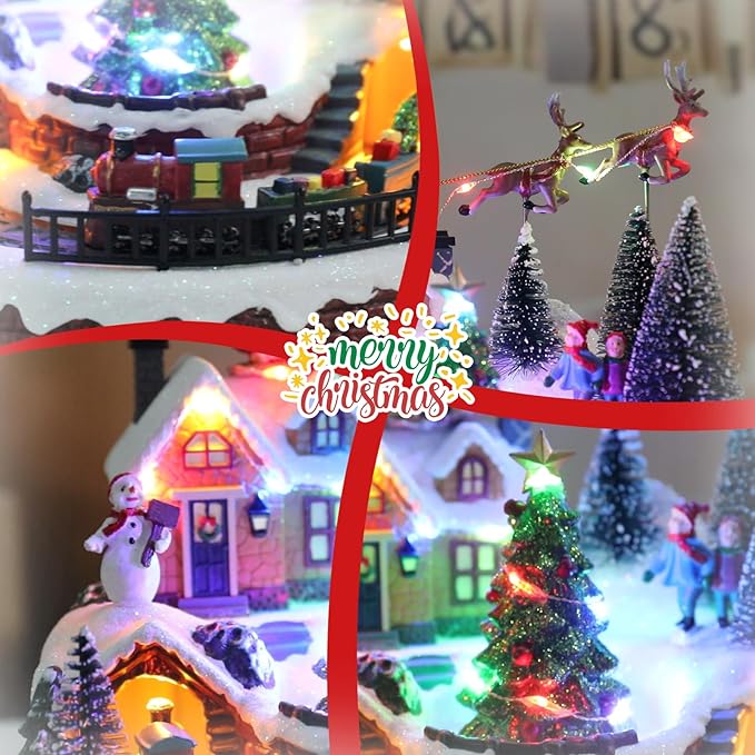 Bdor Christmas Village Tabletop Decoration with Rotating Train, Music and Lights – Lighted Christmas Scene with Santa Sleigh, Tree, and Kids – Battery or Plug Powered