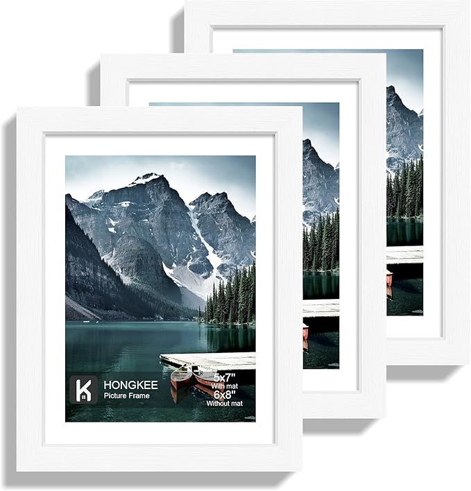 6x8 Picture Frame with Real Glass - Display Pictures 5x7 with Mat or 6 x 8 without Mat, Photo Frame for Wall or Table Top Display(White, 3 Pack)